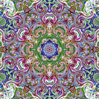 Benzersiz mandala, Oriental yuvarlak desen, mistik motifi, egzotik arka plan. Fantastik fraktal tasarım, geometrik doku parlayan renkli dijital sanat.