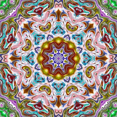 Benzersiz mandala, Oriental yuvarlak desen, mistik motifi, egzotik arka plan. Fantastik fraktal tasarım, geometrik doku parlayan renkli dijital sanat.