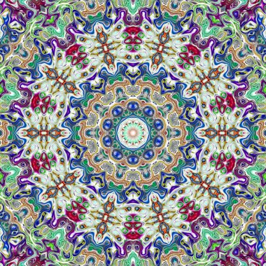 Benzersiz mandala, Oriental yuvarlak desen, mistik motifi, egzotik arka plan. Fantastik fraktal tasarım, geometrik doku parlayan renkli dijital sanat.