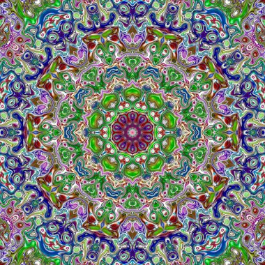 Benzersiz mandala, Oriental yuvarlak desen, mistik motifi, egzotik arka plan. Fantastik fraktal tasarım, geometrik doku parlayan renkli dijital sanat.