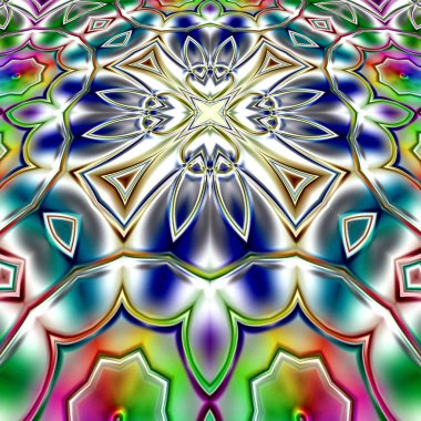 Benzersiz mandala, Oriental yuvarlak desen, mistik motifi, egzotik arka plan. Fantastik fraktal tasarım, geometrik doku parlayan renkli dijital sanat.