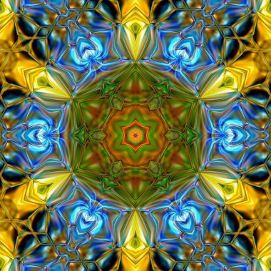 Benzersiz mandala, Oriental yuvarlak desen, mistik motifi, egzotik arka plan. Fantastik fraktal tasarım, geometrik doku parlayan renkli dijital sanat.