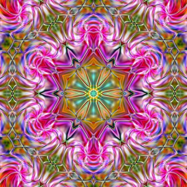 Benzersiz mandala, Oriental yuvarlak desen, mistik motifi, egzotik arka plan. Fantastik fraktal tasarım, geometrik doku parlayan renkli dijital sanat.