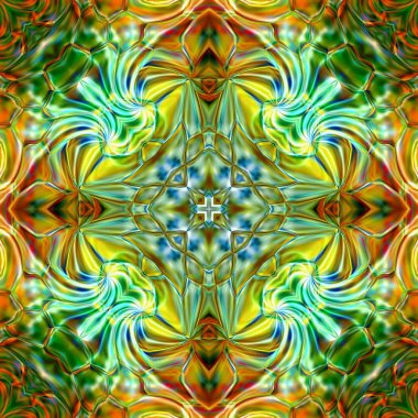 Benzersiz mandala, Oriental yuvarlak desen, mistik motifi, egzotik arka plan. Fantastik fraktal tasarım, geometrik doku parlayan renkli dijital sanat.