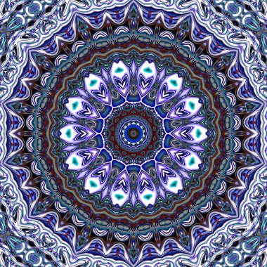 Benzersiz mandala, Oriental yuvarlak desen, mistik motifi, egzotik arka plan. Fantastik fraktal tasarım, geometrik doku parlayan renkli dijital sanat.