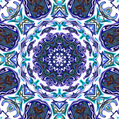 Benzersiz mandala, Oriental yuvarlak desen, mistik motifi, egzotik arka plan. Fantastik fraktal tasarım, geometrik doku parlayan renkli dijital sanat.