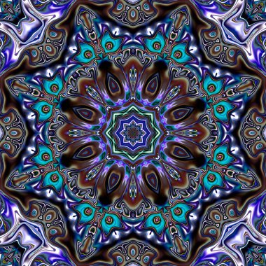 Benzersiz mandala, Oriental yuvarlak desen, mistik motifi, egzotik arka plan. Fantastik fraktal tasarım, geometrik doku parlayan renkli dijital sanat.