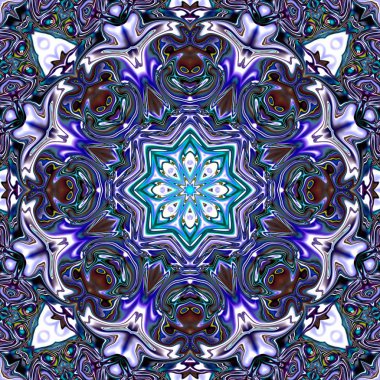 Benzersiz mandala, Oriental yuvarlak desen, mistik motifi, egzotik arka plan. Fantastik fraktal tasarım, geometrik doku parlayan renkli dijital sanat.