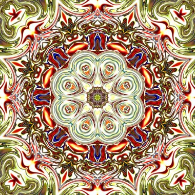 Benzersiz mandala, Oriental yuvarlak desen, mistik motifi, egzotik arka plan. Fantastik fraktal tasarım, geometrik doku parlayan renkli dijital sanat.