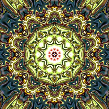 Benzersiz mandala, Oriental yuvarlak desen, mistik motifi, egzotik arka plan. Fantastik fraktal tasarım, geometrik doku parlayan renkli dijital sanat.