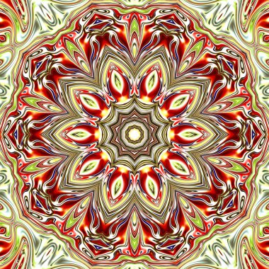 Benzersiz mandala, Oriental yuvarlak desen, mistik motifi, egzotik arka plan. Fantastik fraktal tasarım, geometrik doku parlayan renkli dijital sanat.