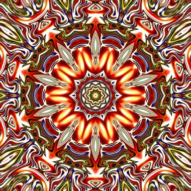 Benzersiz mandala, Oriental yuvarlak desen, mistik motifi, egzotik arka plan. Fantastik fraktal tasarım, geometrik doku parlayan renkli dijital sanat.