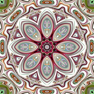 Benzersiz mandala, Oriental yuvarlak desen, mistik motifi, egzotik arka plan. Fantastik fraktal tasarım, geometrik doku parlayan renkli dijital sanat.