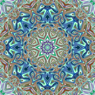 Benzersiz mandala, Oriental yuvarlak desen, mistik motifi, egzotik arka plan. Fantastik fraktal tasarım, geometrik doku parlayan renkli dijital sanat.