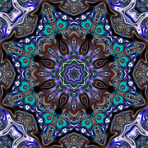 Benzersiz mandala, Oriental yuvarlak desen, mistik motifi, egzotik arka plan. Fantastik fraktal tasarım, geometrik doku parlayan renkli dijital sanat.