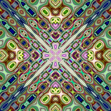 Benzersiz mandala, Oriental yuvarlak desen, mistik motifi, egzotik arka plan. Fantastik fraktal tasarım, geometrik doku parlayan renkli dijital sanat.