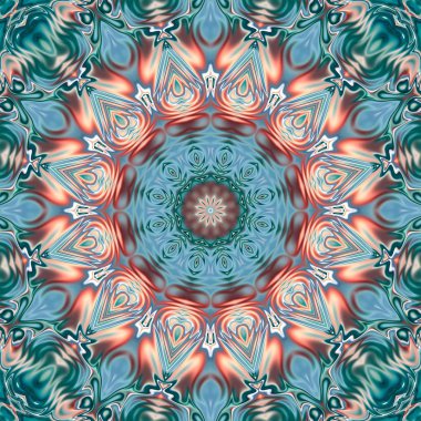 Benzersiz mandala, Oriental yuvarlak desen, mistik motifi, egzotik arka plan. Fantastik fraktal tasarım, geometrik doku parlayan renkli dijital sanat.