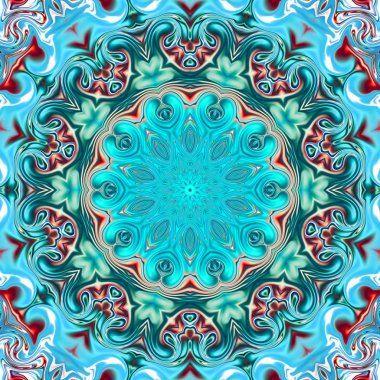 Benzersiz mandala, Oriental yuvarlak desen, mistik motifi, egzotik arka plan. Fantastik fraktal tasarım, geometrik doku parlayan renkli dijital sanat.