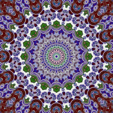 Benzersiz mandala, Oriental yuvarlak desen, mistik motifi, egzotik arka plan. Fantastik fraktal tasarım, geometrik doku parlayan renkli dijital sanat.