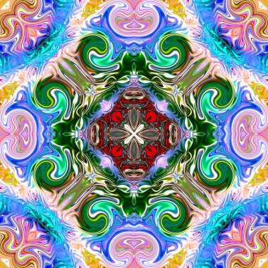 Benzersiz mandala, Oriental yuvarlak desen, mistik motifi, egzotik arka plan. Fantastik fraktal tasarım, geometrik doku parlayan renkli dijital sanat.