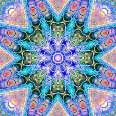 Benzersiz mandala, Oriental yuvarlak desen, mistik motifi, egzotik arka plan. Fantastik fraktal tasarım, geometrik doku parlayan renkli dijital sanat.