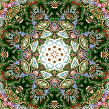 Benzersiz mandala, Oriental yuvarlak desen, mistik motifi, egzotik arka plan. Fantastik fraktal tasarım, geometrik doku parlayan renkli dijital sanat.