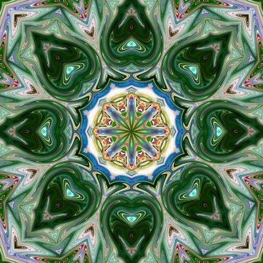 Benzersiz mandala, Oriental yuvarlak desen, mistik motifi, egzotik arka plan. Fantastik fraktal tasarım, geometrik doku parlayan renkli dijital sanat.