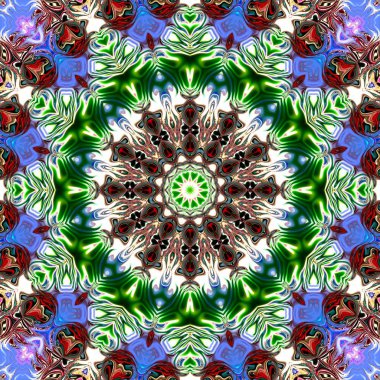 Benzersiz mandala, Oriental yuvarlak desen, mistik motifi, egzotik arka plan. Fantastik fraktal tasarım, geometrik doku parlayan renkli dijital sanat.