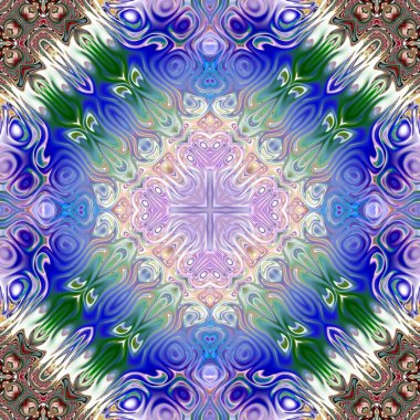 Benzersiz mandala, Oriental yuvarlak desen, mistik motifi, egzotik arka plan. Fantastik fraktal tasarım, geometrik doku parlayan renkli dijital sanat.