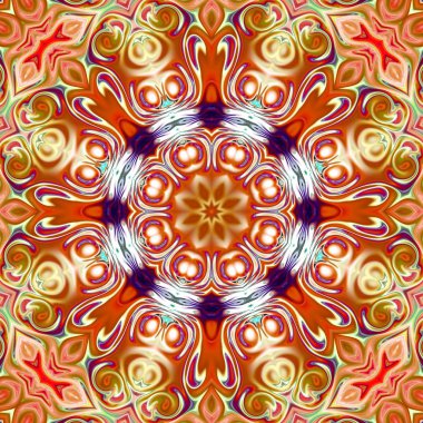 Benzersiz mandala, Oriental yuvarlak desen, mistik motifi, egzotik arka plan. Fantastik fraktal tasarım, geometrik doku parlayan renkli dijital sanat.