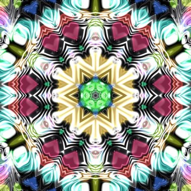 Benzersiz mandala, Oriental yuvarlak desen, mistik motifi, egzotik arka plan. Fantastik fraktal tasarım, geometrik doku parlayan renkli dijital sanat.