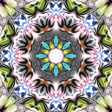 Benzersiz mandala, Oriental yuvarlak desen, mistik motifi, egzotik arka plan. Fantastik fraktal tasarım, geometrik doku parlayan renkli dijital sanat.