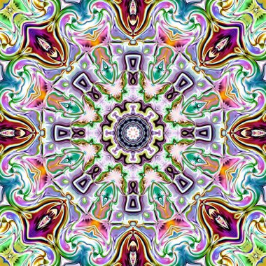 Benzersiz mandala, Oriental yuvarlak desen, mistik motifi, egzotik arka plan. Fantastik fraktal tasarım, geometrik doku parlayan renkli dijital sanat.