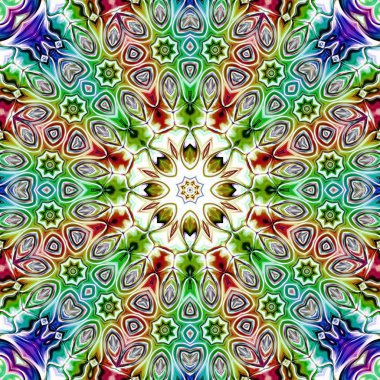 Benzersiz mandala, Oriental yuvarlak desen, mistik motifi, egzotik arka plan. Fantastik fraktal tasarım, geometrik doku parlayan renkli dijital sanat.