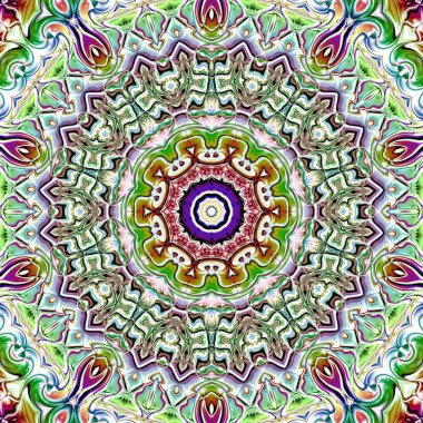 Benzersiz mandala, Oriental yuvarlak desen, mistik motifi, egzotik arka plan. Fantastik fraktal tasarım, geometrik doku parlayan renkli dijital sanat.