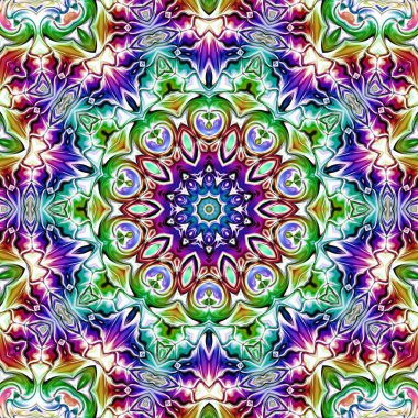 Benzersiz mandala, Oriental yuvarlak desen, mistik motifi, egzotik arka plan. Fantastik fraktal tasarım, geometrik doku parlayan renkli dijital sanat.