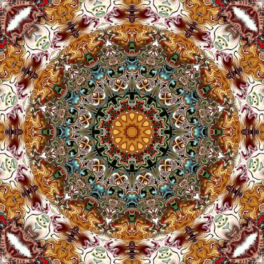 Benzersiz mandala, Oriental yuvarlak desen, mistik motifi, egzotik arka plan. Fantastik fraktal tasarım, geometrik doku parlayan renkli dijital sanat.
