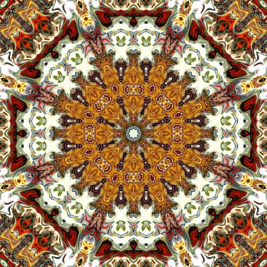 Benzersiz mandala, Oriental yuvarlak desen, mistik motifi, egzotik arka plan. Fantastik fraktal tasarım, geometrik doku parlayan renkli dijital sanat.