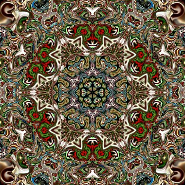 Benzersiz mandala, Oriental yuvarlak desen, mistik motifi, egzotik arka plan. Fantastik fraktal tasarım, geometrik doku parlayan renkli dijital sanat.