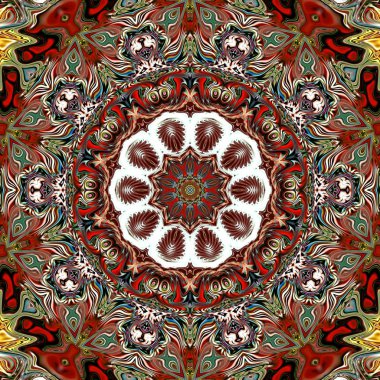 Benzersiz mandala, Oriental yuvarlak desen, mistik motifi, egzotik arka plan. Fantastik fraktal tasarım, geometrik doku parlayan renkli dijital sanat.