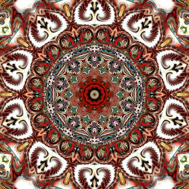 Benzersiz mandala, Oriental yuvarlak desen, mistik motifi, egzotik arka plan. Fantastik fraktal tasarım, geometrik doku parlayan renkli dijital sanat.