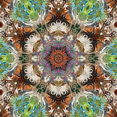 Benzersiz mandala, Oriental yuvarlak desen, mistik motifi, egzotik arka plan. Fantastik fraktal tasarım, geometrik doku parlayan renkli dijital sanat.