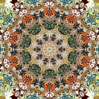 Benzersiz mandala, Oriental yuvarlak desen, mistik motifi, egzotik arka plan. Fantastik fraktal tasarım, geometrik doku parlayan renkli dijital sanat.