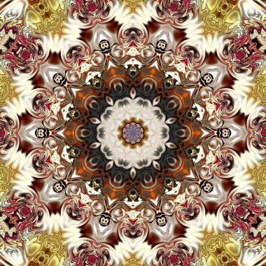 Benzersiz mandala, Oriental yuvarlak desen, mistik motifi, egzotik arka plan. Fantastik fraktal tasarım, geometrik doku parlayan renkli dijital sanat.