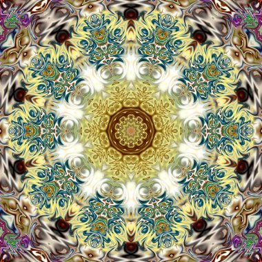 Benzersiz mandala, Oriental yuvarlak desen, mistik motifi, egzotik arka plan. Fantastik fraktal tasarım, geometrik doku parlayan renkli dijital sanat.