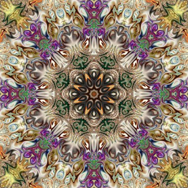 Benzersiz mandala, Oriental yuvarlak desen, mistik motifi, egzotik arka plan. Fantastik fraktal tasarım, geometrik doku parlayan renkli dijital sanat.