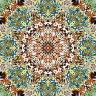 Benzersiz mandala, Oriental yuvarlak desen, mistik motifi, egzotik arka plan. Fantastik fraktal tasarım, geometrik doku parlayan renkli dijital sanat.