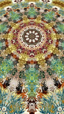 Benzersiz mandala, Oriental yuvarlak desen, mistik motifi, egzotik arka plan. Fantastik fraktal tasarım, geometrik doku parlayan renkli dijital sanat.