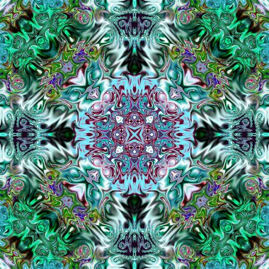 Benzersiz mandala, Oriental yuvarlak desen, mistik motifi, egzotik arka plan. Fantastik fraktal tasarım, geometrik doku parlayan renkli dijital sanat.