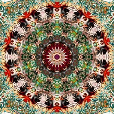 Benzersiz mandala, Oriental yuvarlak desen, mistik motifi, egzotik arka plan. Fantastik fraktal tasarım, geometrik doku parlayan renkli dijital sanat.